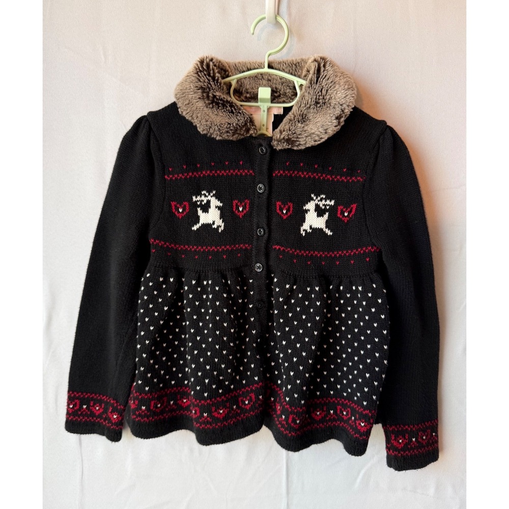 Janie and Jack Cardigan Girls 5 Black Red Holiday Reindeer Faux Fur Excellent